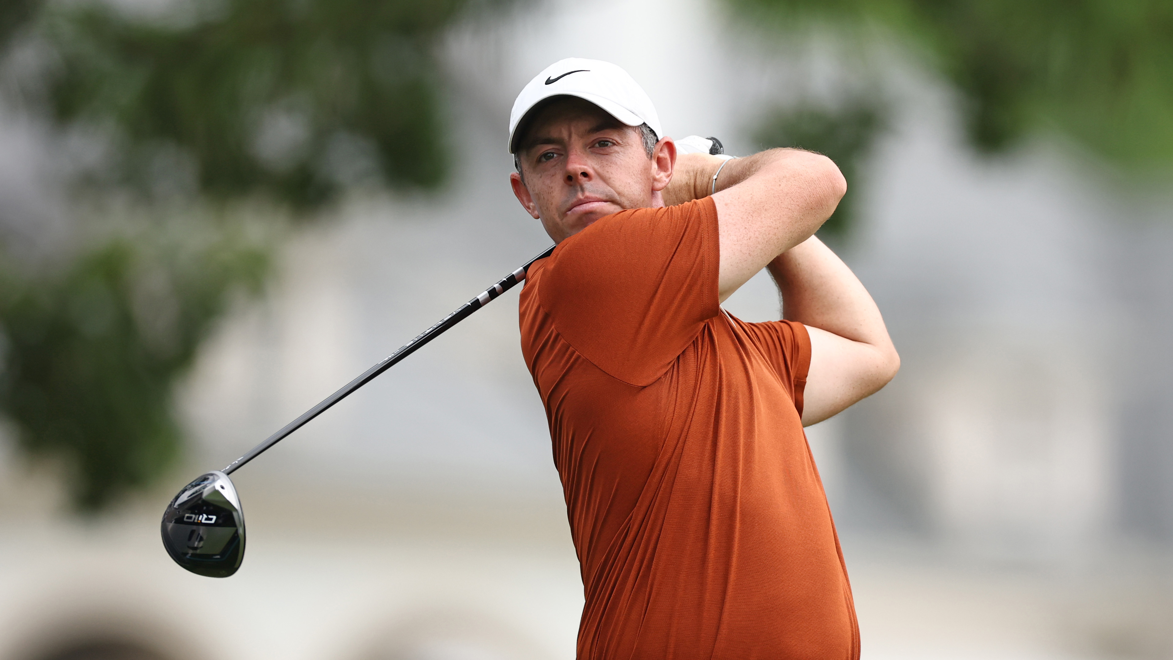 Rory McIlroy hits driver during round two of the 2025 PGA Championship